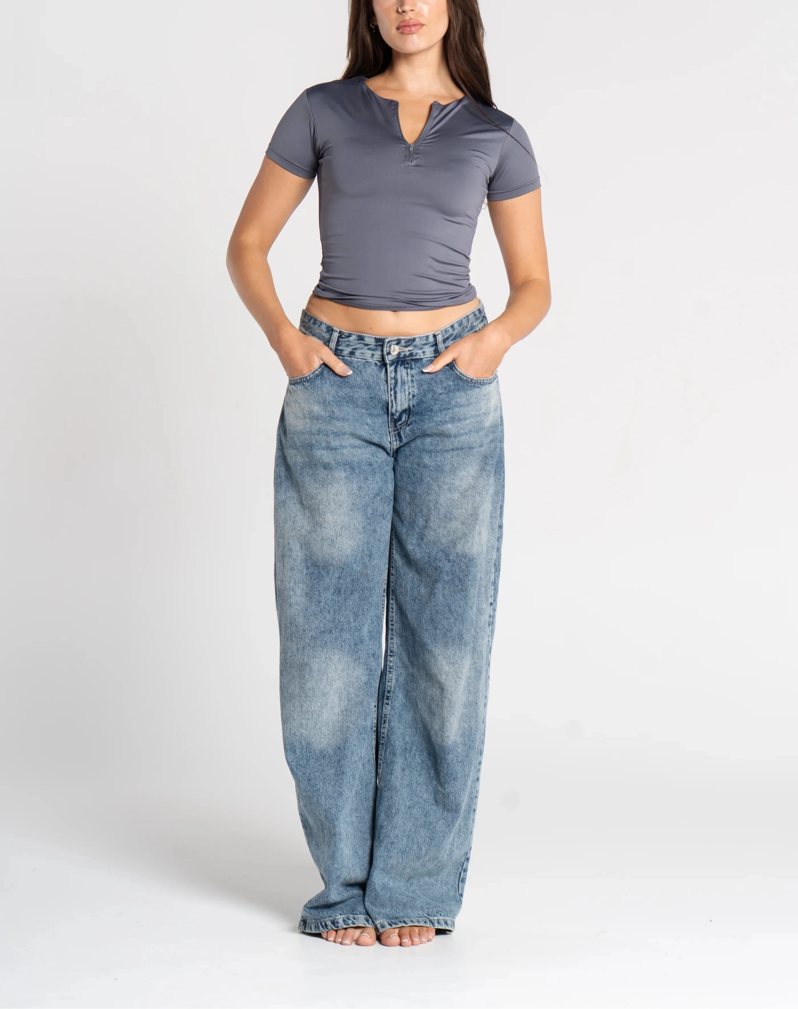 Round Neck Half Zipper Short Sleeve