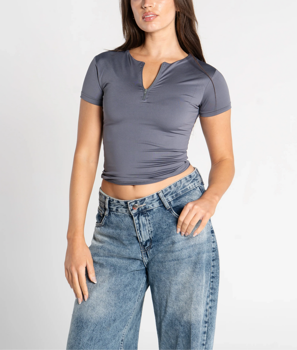 Round Neck Half Zipper Short Sleeve