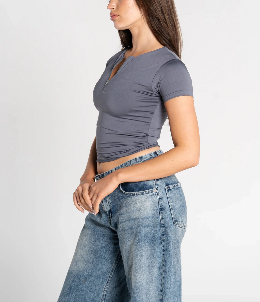 Round Neck Half Zipper Short Sleeve