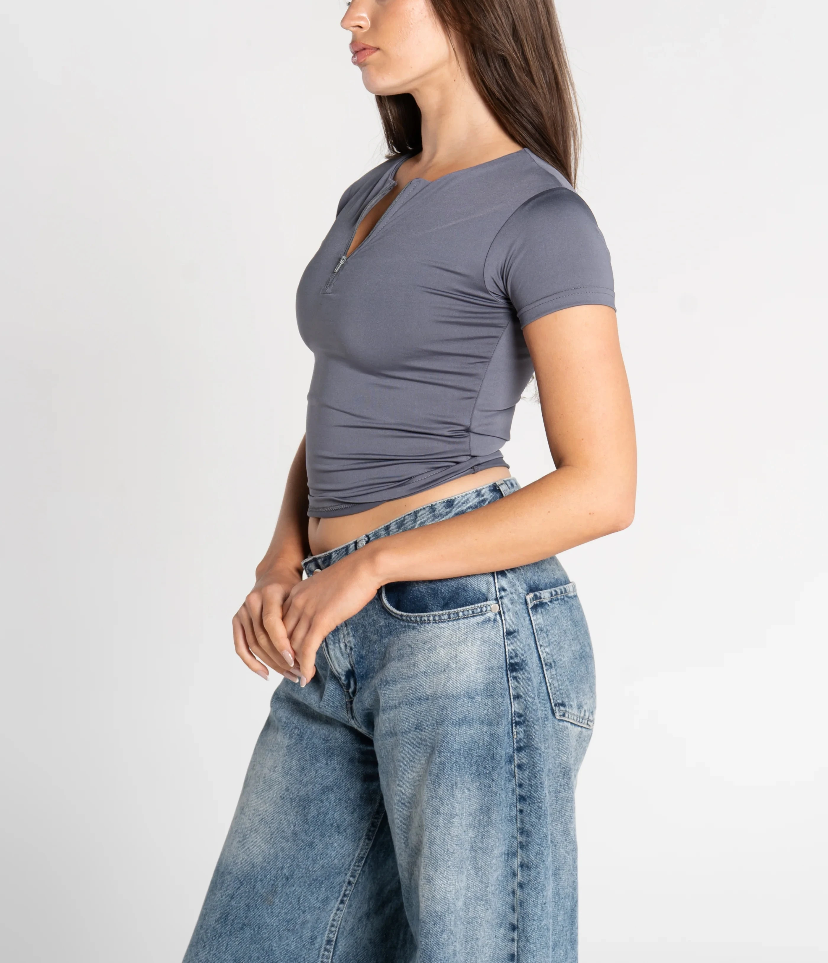 Round Neck Half Zipper Short Sleeve